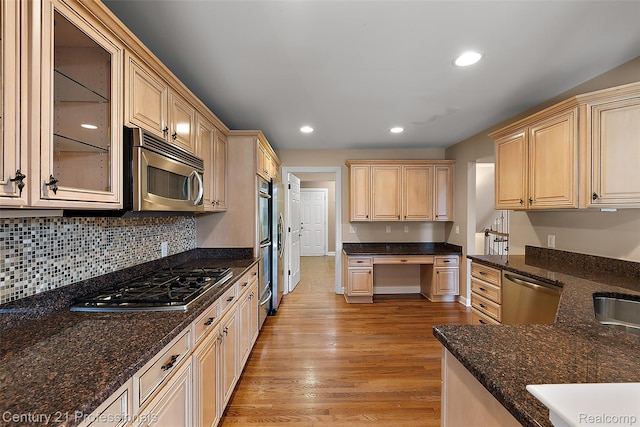 4013 Ardsley Ct, Clarkston, MI 48348 - kitchen with stainless steel appliances, light brown cabinets, recessed lighting, light wood-type flooring, and dark stone counters