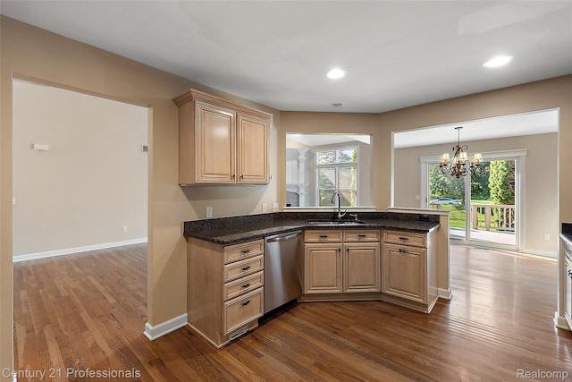 4013 Ardsley Ct, Clarkston, MI 48348 - kitchen with stainless steel dishwasher, dark wood-style floors, a peninsula, a chandelier, and recessed lighting