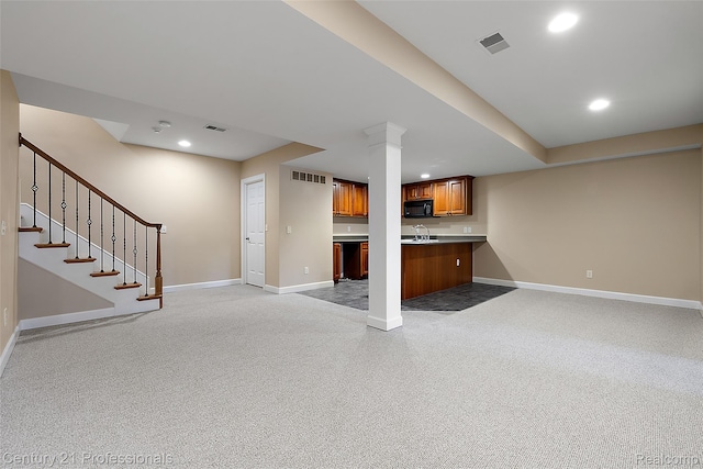 4013 Ardsley Ct, Clarkston, MI 48348 - unfurnished living room with recessed lighting, stairway, bar, and light carpet