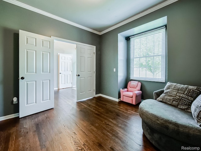 8595 Eastway Dr, White Lake, MI 48386 - living area featuring crown molding and dark wood-style flooring