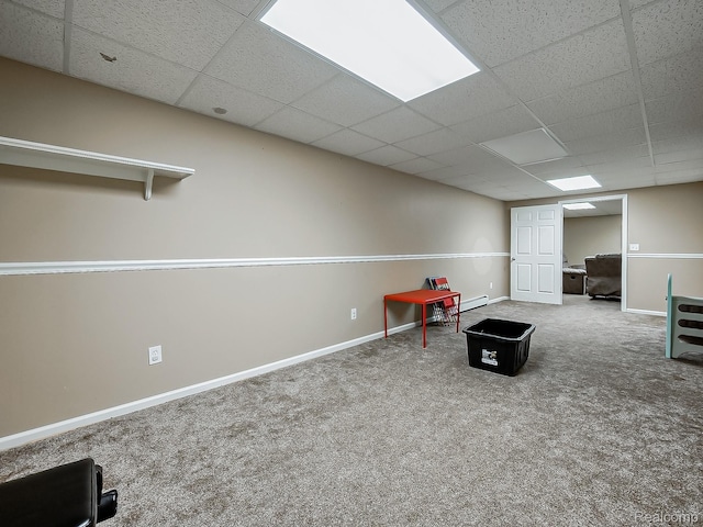 8595 Eastway Dr, White Lake, MI 48386 - rec room with carpet flooring, a drop ceiling, and a baseboard radiator