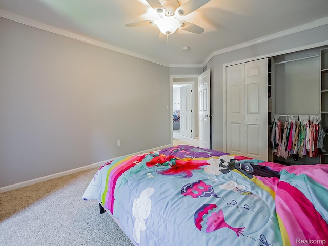 8595 Eastway Dr, White Lake, MI 48386 - bedroom with carpet flooring, a closet, ornamental molding, and a ceiling fan