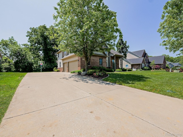 8595 Eastway Dr, White Lake, MI 48386 - view of property hidden behind natural elements featuring brick siding, a front lawn, and driveway