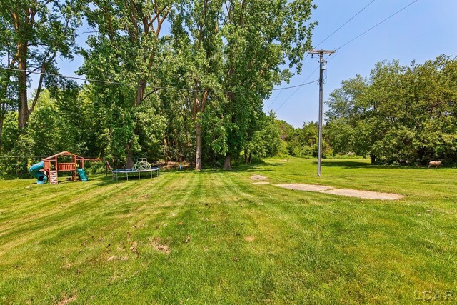 13936 Allen Rd, Clinton, MI 49236 - view of grassy yard with a trampoline and a playground