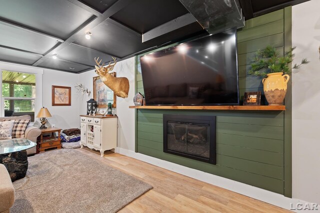 13936 Allen Rd, Clinton, MI 49236 - living room with wood finished floors, a fireplace, and coffered ceiling