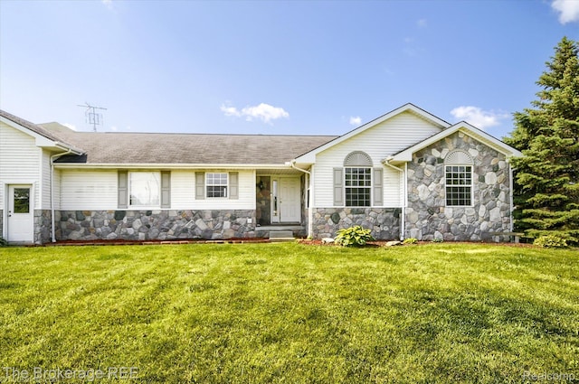 1484 E Baldwin Rd, Grand Blanc, MI 48439 - ranch-style home with stone siding, a front lawn, and roof with shingles