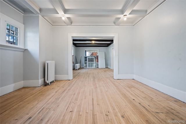 69 Massachusetts St, Highland Park, MI 48203 - spare room featuring radiator, coffered ceiling, hardwood / wood-style floors, and beamed ceiling