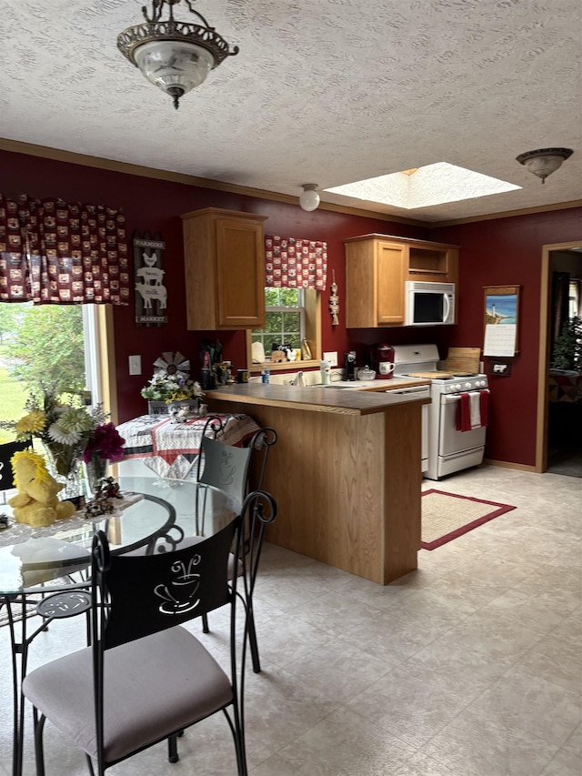 9233 Gary Rd, Chesaning, MI 48616 - kitchen featuring white appliances, a textured ceiling, a peninsula, a skylight, and light countertops