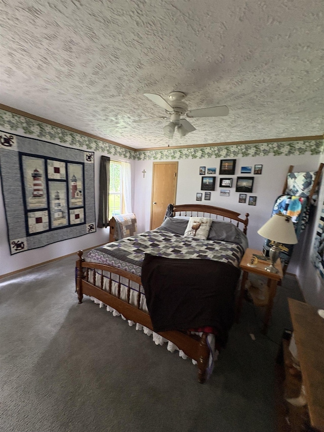 9233 Gary Rd, Chesaning, MI 48616 - bedroom featuring a textured ceiling, ceiling fan, crown molding, and carpet floors