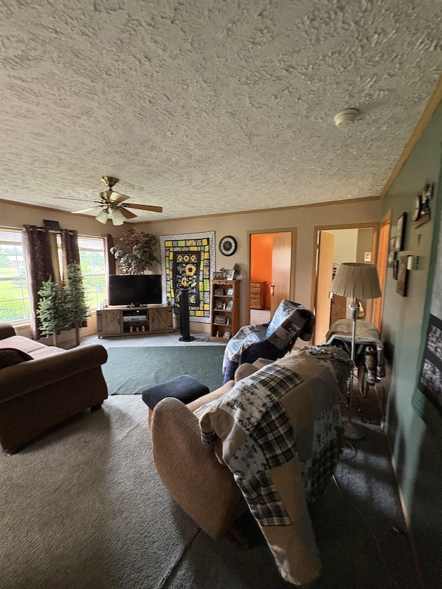 9233 Gary Rd, Chesaning, MI 48616 - carpeted living room with a textured ceiling and a ceiling fan