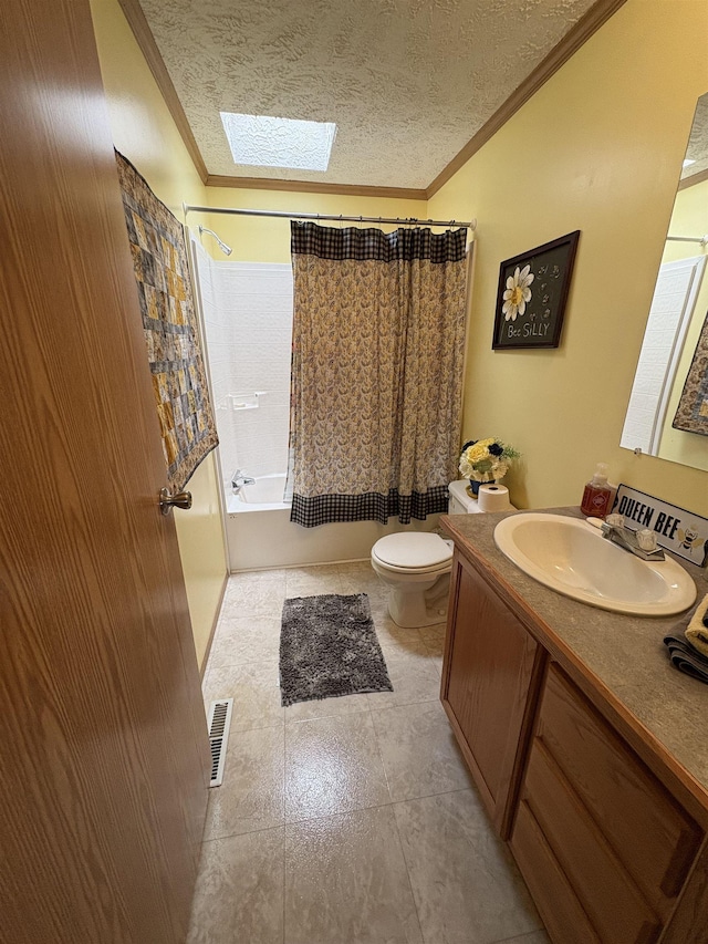 9233 Gary Rd, Chesaning, MI 48616 - full bathroom featuring vanity, ornamental molding, shower / bath combo with shower curtain, a textured ceiling, and tile patterned floors