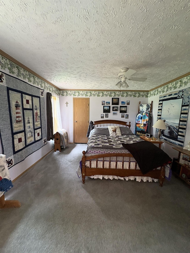 9233 Gary Rd, Chesaning, MI 48616 - carpeted bedroom with a textured ceiling, crown molding, and ceiling fan