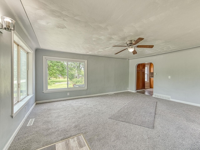 1309 Wood St, Monroe, MI 48161 - spare room with arched walkways, a ceiling fan, carpet flooring, and a textured ceiling