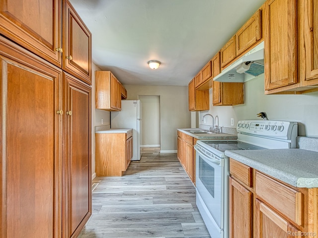 1309 Wood St, Monroe, MI 48161 - kitchen with white appliances, under cabinet range hood, light wood-style floors, light countertops, and brown cabinetry