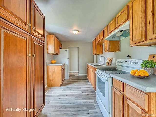 1309 Wood St, Monroe, MI 48161 - kitchen featuring white appliances, under cabinet range hood, light wood-style floors, and light countertops