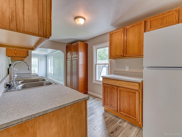 1309 Wood St, Monroe, MI 48161 - kitchen with freestanding refrigerator, plenty of natural light, light wood-type flooring, and brown cabinetry