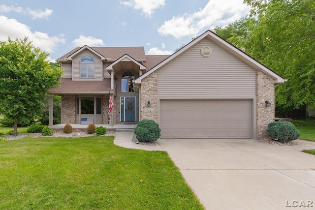 838 Stetson St, Tecumseh, MI 49286 - traditional-style home with brick siding, concrete driveway, a front yard, and a garage