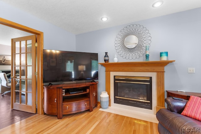 838 Stetson St, Tecumseh, MI 49286 - living room with wood finished floors, a fireplace with flush hearth, french doors, and recessed lighting