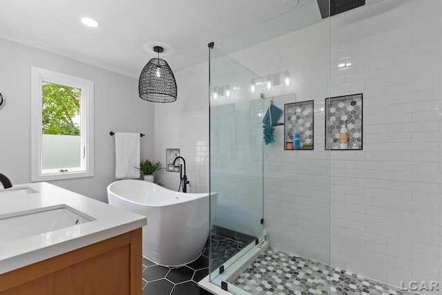 838 Stetson St, Tecumseh, MI 49286 - full bathroom featuring a walk in shower, a freestanding bath, vanity, and tile patterned floors