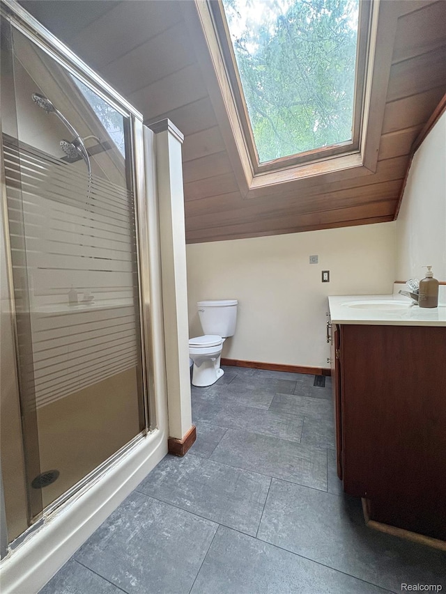 7073 N Linden Rd, Mount Morris, MI 48458 - full bath with vaulted ceiling, vanity, a shower stall, wood ceiling, and a skylight