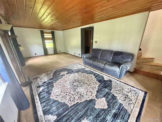 7073 N Linden Rd, Mount Morris, MI 48458 - living area featuring carpet, wood ceiling, and stairs