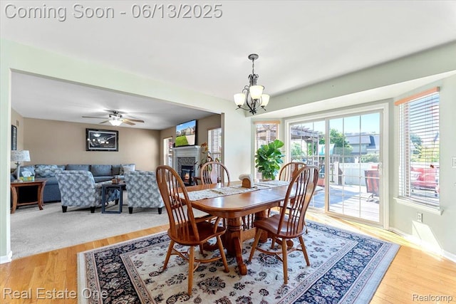26957 Blue Heron Dr, Flat Rock, MI 48134 - dining area featuring a glass covered fireplace, a chandelier, light wood finished floors, and a ceiling fan