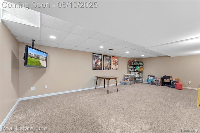 26957 Blue Heron Dr, Flat Rock, MI 48134 - recreation room with carpet floors, a paneled ceiling, and recessed lighting