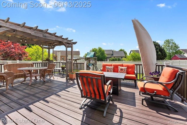 26957 Blue Heron Dr, Flat Rock, MI 48134 - wooden deck with a pergola, an outdoor living space, and outdoor dining area