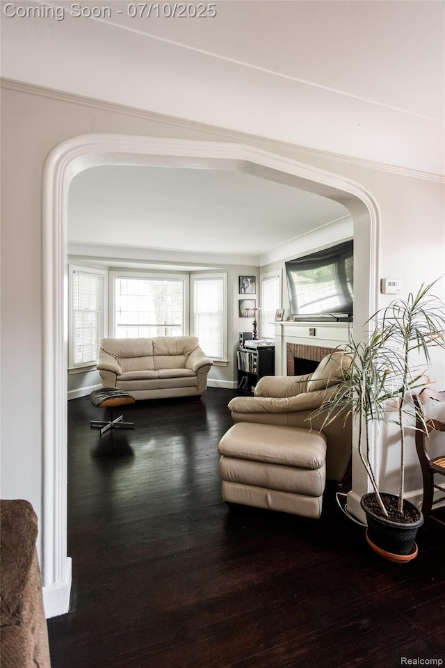 3924 Yorkshire Rd, Detroit, MI 48224 - living room with arched walkways, plenty of natural light, a fireplace, wood finished floors, and crown molding