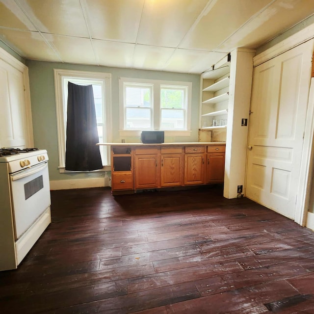 212 W Ash St, Albion, MI 49224 - kitchen with white range with gas cooktop, dark wood-style flooring, and open shelves