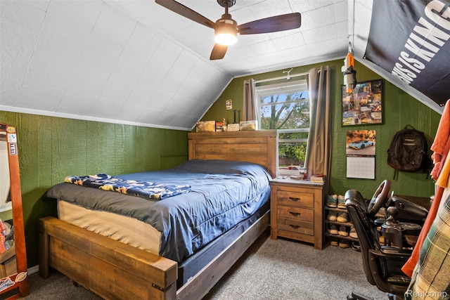 2009 Thomas St, Lincoln Park, MI 48146 - bedroom with carpet flooring, vaulted ceiling, a ceiling fan, and a desk