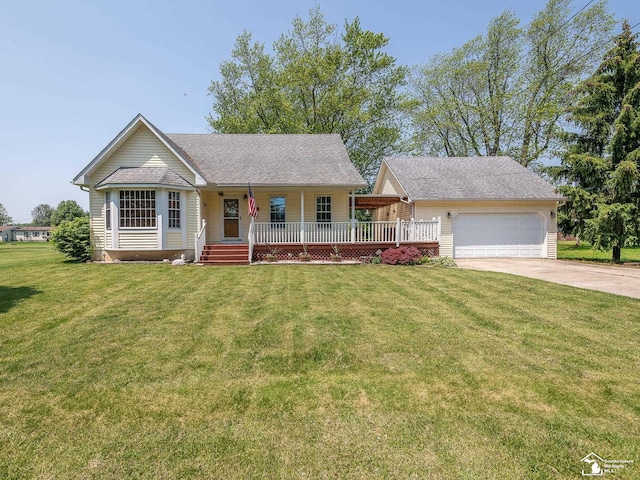 4775 Huron Ave, Newport, MI 48166 - view of front of property featuring a garage, concrete driveway, covered porch, a front yard, and a shingled roof