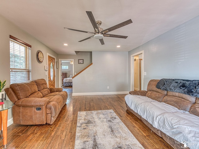 4775 Huron Ave, Newport, MI 48166 - living room with ceiling fan, wood-type flooring, and recessed lighting