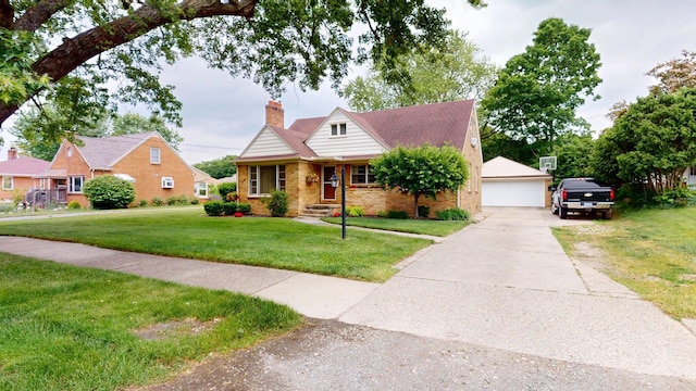10 Covell Ave NW, Grand Rapids, MI 49504 - view of front facade featuring a chimney, a front yard, a garage, brick siding, and an outbuilding