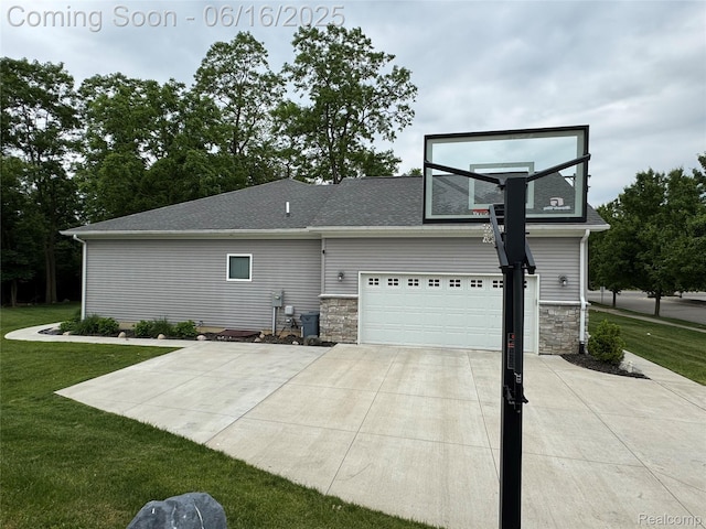 4020 Oak St, Grand Blanc, MI 48439 - view of property exterior featuring concrete driveway, a lawn, a garage, and stone siding