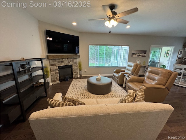4020 Oak St, Grand Blanc, MI 48439 - living room featuring healthy amount of natural light, ceiling fan, a fireplace, wood finished floors, and recessed lighting