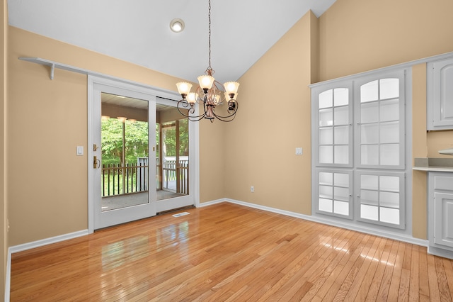 6916 Windsong Way, Kalamazoo, MI 49009 - unfurnished dining area featuring light wood-style flooring, a chandelier, and lofted ceiling
