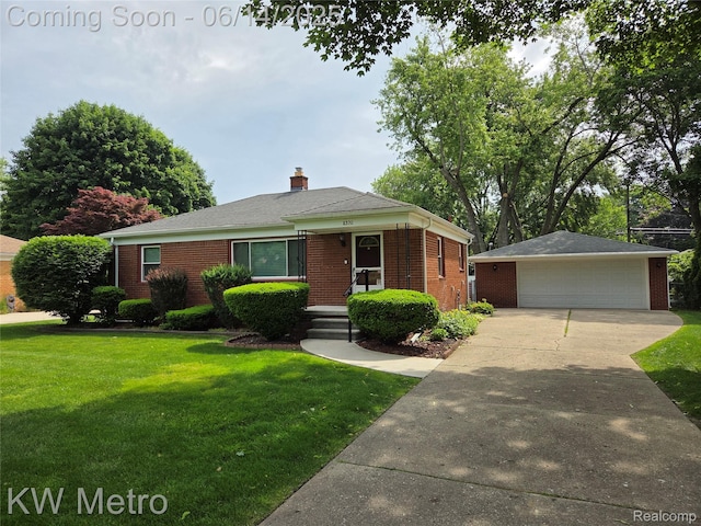 2370 Briggs St, Waterford, MI 48329 - view of front facade featuring a detached garage, brick siding, an outdoor structure, a front lawn, and a chimney