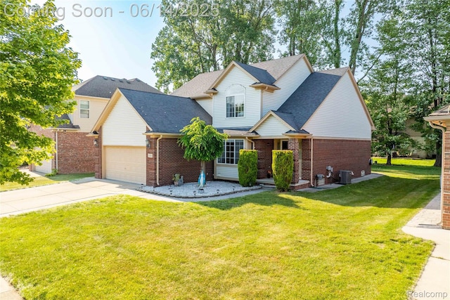 13563 Trotters Ln, Sterling Heights, MI 48313 - traditional home featuring brick siding, a front lawn, concrete driveway, a garage, and a shingled roof