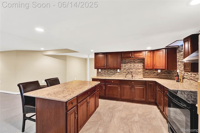 13563 Trotters Ln, Sterling Heights, MI 48313 - kitchen with electric range, a kitchen bar, decorative backsplash, light stone countertops, and recessed lighting