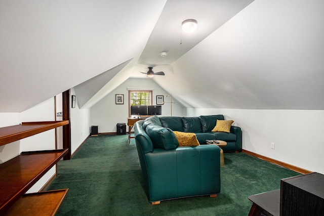 1415 Blackhawk Trl, Benton Harbor, MI 49022 - living room with carpet, vaulted ceiling, and a ceiling fan