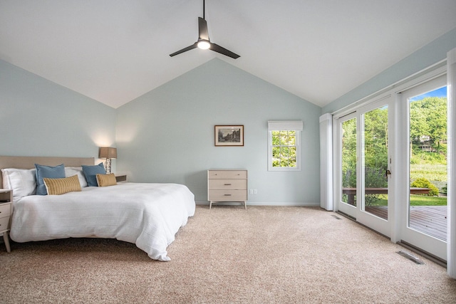 1415 Blackhawk Trl, Benton Harbor, MI 49022 - carpeted bedroom with access to exterior, multiple windows, lofted ceiling, and ceiling fan