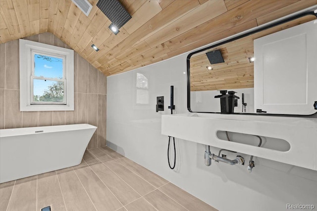 475 Algonquin St, Detroit, MI 48215 - bathroom featuring a freestanding bath, vaulted ceiling, and wood ceiling