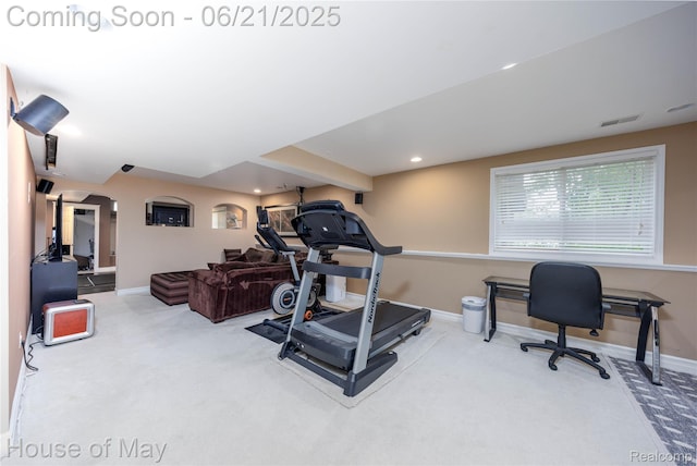 1768 Carriage Hl, Commerce Twp, MI 48382 - exercise room featuring carpet flooring, arched walkways, and recessed lighting