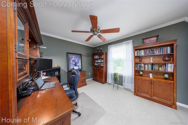 1768 Carriage Hl, Commerce Twp, MI 48382 - office area featuring crown molding, ceiling fan, and light colored carpet