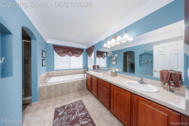 1768 Carriage Hl, Commerce Twp, MI 48382 - full bathroom featuring a garden tub, ornamental molding, double vanity, tile patterned floors, and a shower stall