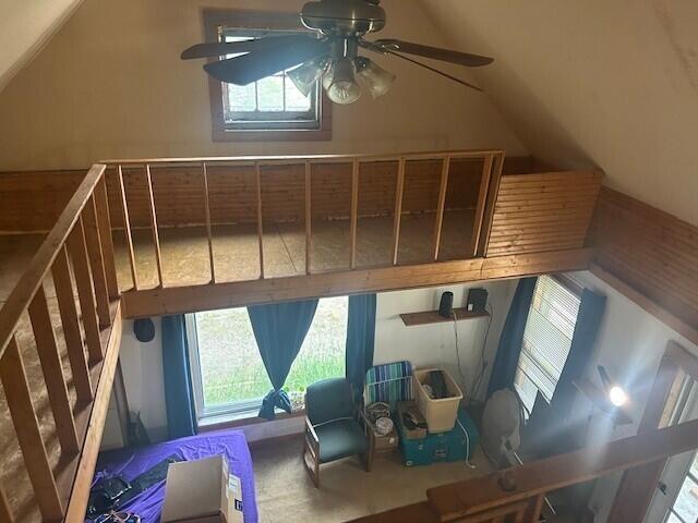 844 N Oak St, Evart, MI 49631 - additional living space featuring lofted ceiling, ceiling fan, and carpet