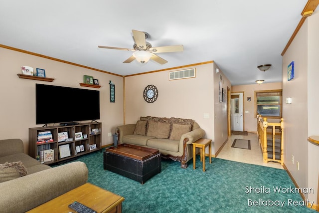 1725 Ottawa Trl, Hastings, MI 49058 - living area featuring a ceiling fan, crown molding, and carpet