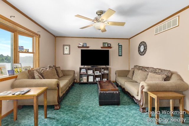 1725 Ottawa Trl, Hastings, MI 49058 - living area with ceiling fan, crown molding, and carpet