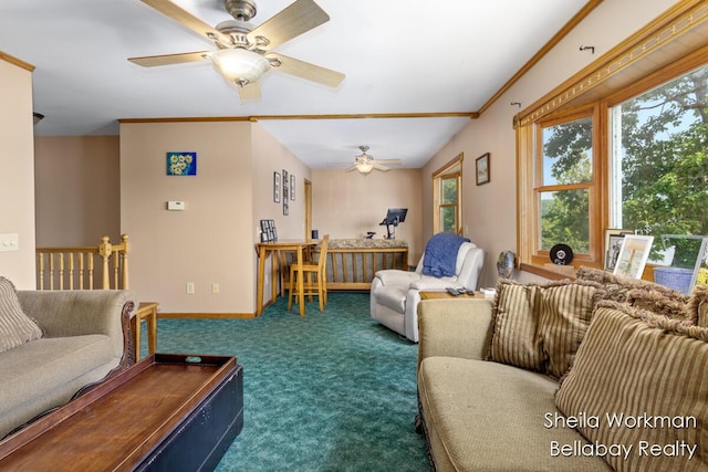 1725 Ottawa Trl, Hastings, MI 49058 - living room with carpet flooring, ceiling fan, healthy amount of natural light, and crown molding